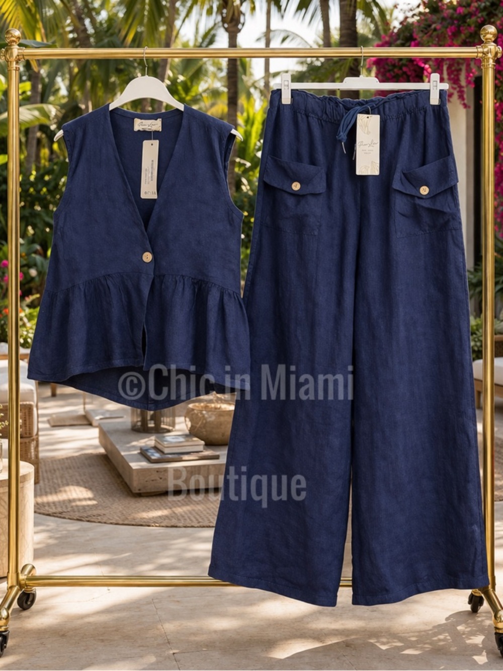 Puro Lino Made in Italy Navy Blue Wide-Leg Pants & Sleeveless Vest Set OS